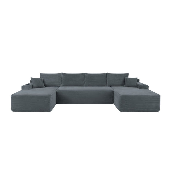 English Elm 126" U-shaped Modular Sectional Deep Lounge Sofa with Corduroy Upholstery and Cup Holder Grey W3975S00119