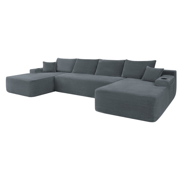 English Elm 126" U-shaped Modular Sectional Deep Lounge Sofa with Corduroy Upholstery and Cup Holder Grey W3975S00119