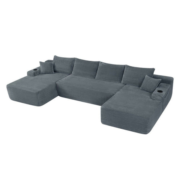 English Elm 126" U-shaped Modular Sectional Deep Lounge Sofa with Corduroy Upholstery and Cup Holder Grey W3975S00119