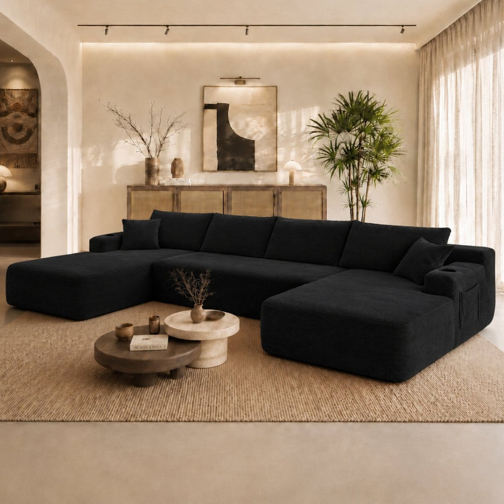 English Elm 126" U-shaped Modular Sectional Deep Lounge Sofa with Corduroy Upholstery and Cup Holder Black W3975S00120