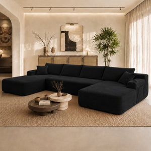 English Elm 126" U-shaped Modular Sectional Deep Lounge Sofa with Corduroy Upholstery and Cup Holder Black W3975S00120