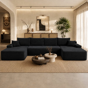 English Elm 126" U-shaped Modular Sectional Deep Lounge Sofa with Corduroy Upholstery and Cup Holder Black W3975S00120