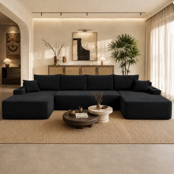 English Elm 126" U-shaped Modular Sectional Deep Lounge Sofa with Corduroy Upholstery and Cup Holder Black W3975S00120
