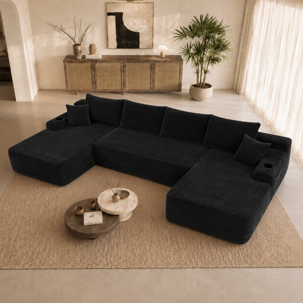 English Elm 126" U-shaped Modular Sectional Deep Lounge Sofa with Corduroy Upholstery and Cup Holder Black W3975S00120