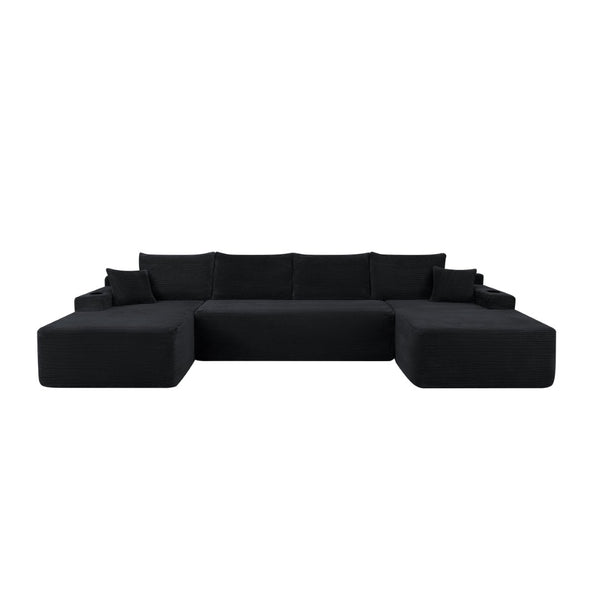 English Elm 126" U-shaped Modular Sectional Deep Lounge Sofa with Corduroy Upholstery and Cup Holder Black W3975S00120