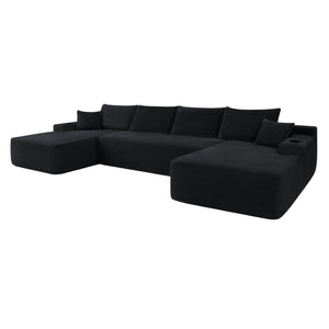 English Elm 126" U-shaped Modular Sectional Deep Lounge Sofa with Corduroy Upholstery and Cup Holder Black W3975S00120