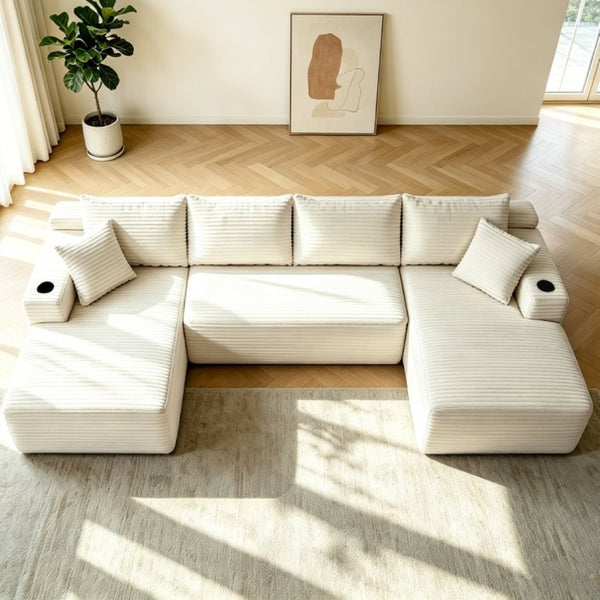 English Elm 133 Inch U-Shape Modular Sectional Sofa Corduroy Deep Seating Couch for Living Room Beige W3975S00124