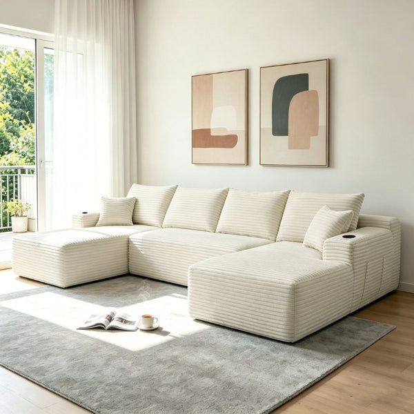 English Elm 133 Inch U-Shape Modular Sectional Sofa Corduroy Deep Seating Couch for Living Room Beige W3975S00124