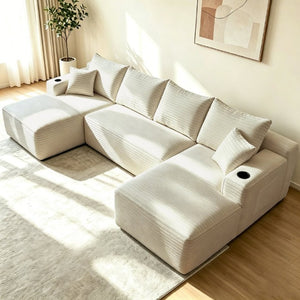 English Elm 133 Inch U-Shape Modular Sectional Sofa Corduroy Deep Seating Couch for Living Room Beige W3975S00124