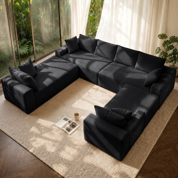 English Elm 124.4" U-shaped Cloud Sectional Corduroy Deep Seat Modular Couch for Living Room Black W3975S00130