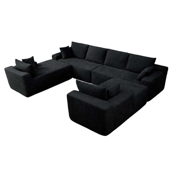 English Elm 124.4" U-shaped Cloud Sectional Corduroy Deep Seat Modular Couch for Living Room Black W3975S00130
