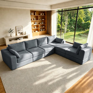 English Elm L Shaped Modular Floor Sectional in Corduroy Fabric with Configurable Layout and Pillows Grey W3975S00141
