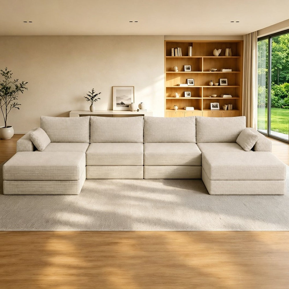 English Elm Upholstered Modular Sectional Sofa Corduroy Low Profile Floor Lounge with Pillows W3975S00158