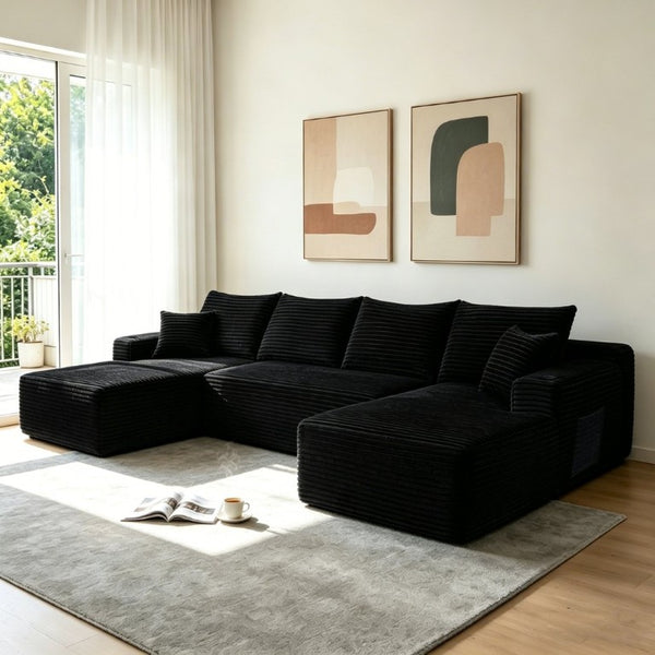 English Elm 126 Inch Modular U-Shape Sectional Plush Sofa Deep Seating with Built-In Cup Holder Black W3975S00160