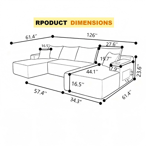 English Elm 126 Inch Modular U-Shape Sectional Plush Sofa Deep Seating with Built-In Cup Holder Black W3975S00160