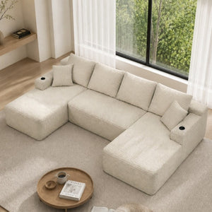 English Elm 126 Inch Modular U-Shape Cloud Sectional with Deep Plush Seating and Built-In Cup Holders Beige W3975S00162