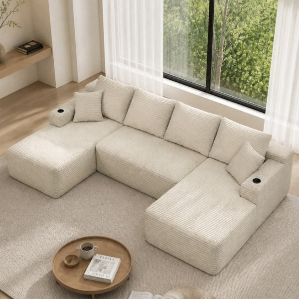 English Elm 126 Inch Modular U-Shape Cloud Sectional with Deep Plush Seating and Built-In Cup Holders Beige W3975S00162