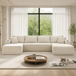 English Elm 126 Inch Modular U-Shape Cloud Sectional with Deep Plush Seating and Built-In Cup Holders Beige W3975S00162