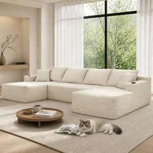 English Elm 126 Inch Modular U-Shape Cloud Sectional with Deep Plush Seating and Built-In Cup Holders Beige W3975S00162