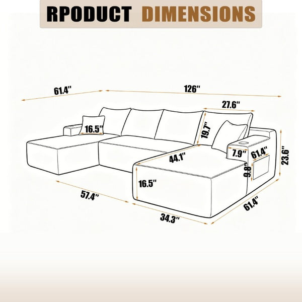English Elm 126 Inch Modular U-Shape Cloud Sectional with Deep Plush Seating and Built-In Cup Holders Beige W3975S00162
