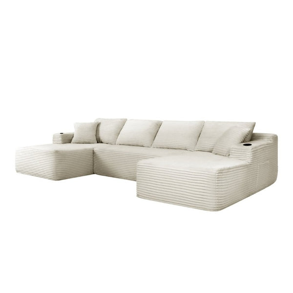 English Elm 126 Inch Modular U-Shape Cloud Sectional with Deep Plush Seating and Built-In Cup Holders Beige W3975S00162
