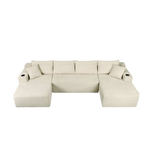 English Elm 126 Inch Modular U-Shape Cloud Sectional with Deep Plush Seating and Built-In Cup Holders Beige W3975S00162