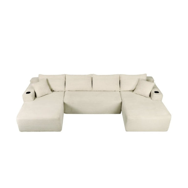 English Elm 126 Inch Modular U-Shape Cloud Sectional with Deep Plush Seating and Built-In Cup Holders Beige W3975S00162