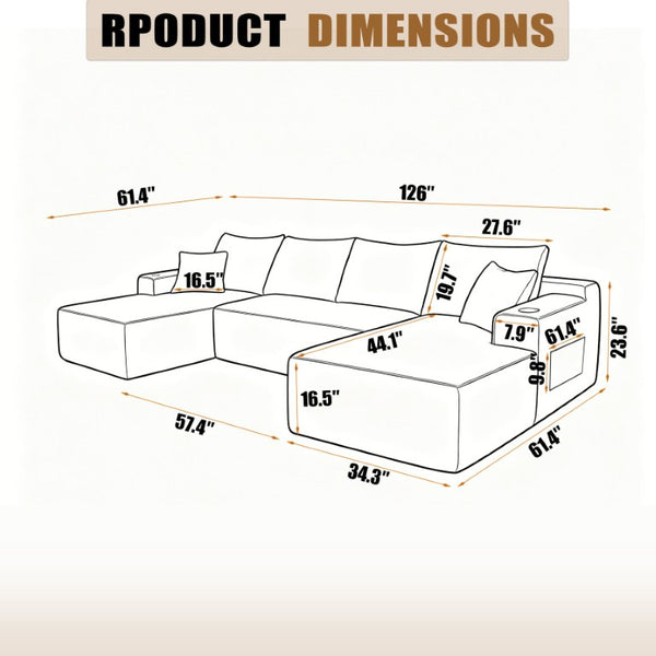 English Elm 126 Inch U-Shaped Modular Sectional with Deep Plush Seating and Built-In Cup Holder Beige W3975S00163