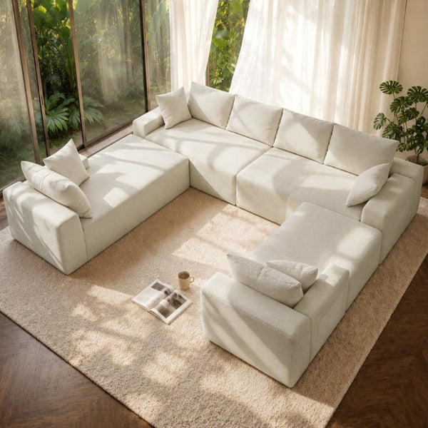 English Elm 124.4 Inch U-Shaped Cloud Sectional Corduroy Sofa Deep Lounge Seating Living Room With Cup Holder W3975S00167