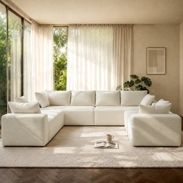 English Elm 124.4 Inch U-Shaped Cloud Sectional Corduroy Sofa Deep Lounge Seating Living Room With Cup Holder W3975S00167