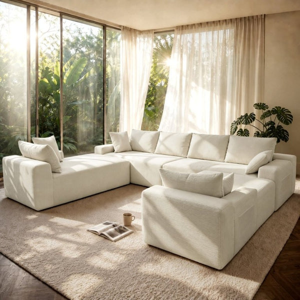 English Elm 124.4 Inch U-Shaped Cloud Sectional Corduroy Sofa Deep Lounge Seating Living Room With Cup Holder W3975S00167