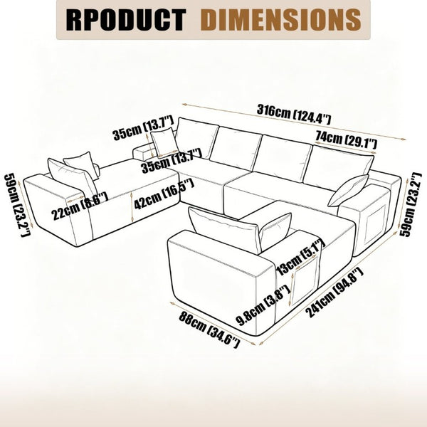 English Elm 124.4 Inch U-Shaped Cloud Sectional Corduroy Sofa Deep Lounge Seating Living Room With Cup Holder W3975S00167