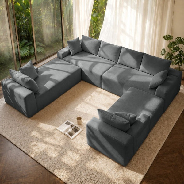 English Elm 124.4 Inch U-Shaped Cloud Sectional Corduroy Deep Seat Modular Sofa for Living Room Grey W3975S00168