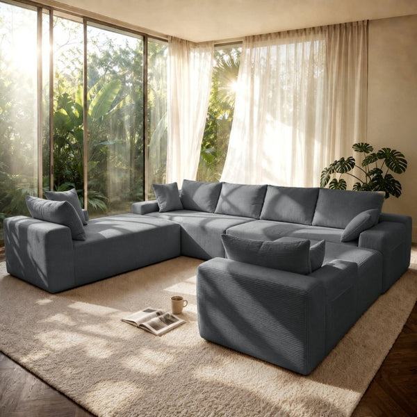 English Elm 124.4 Inch U-Shaped Cloud Sectional Corduroy Deep Seat Modular Sofa for Living Room Grey W3975S00168