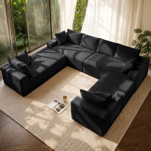 English Elm 124.4 Inch U-Shaped Cloud Sectional Corduroy Deep Seat Modular Sofa for Living Room Black W3975S00169