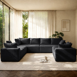 English Elm 124.4 Inch U-Shaped Cloud Sectional Corduroy Deep Seat Modular Sofa for Living Room Black W3975S00169