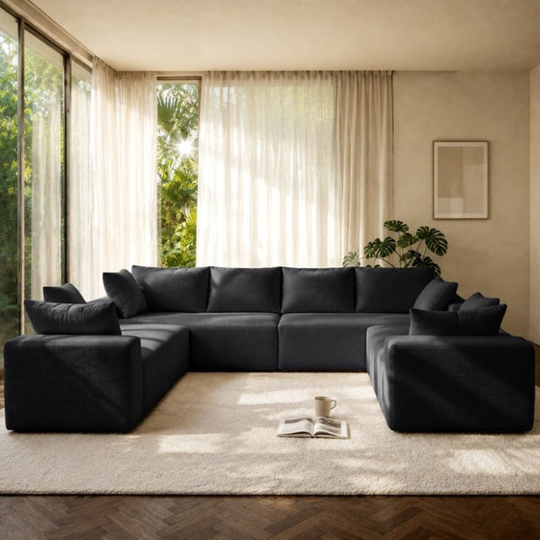 English Elm 124.4 Inch U-Shaped Cloud Sectional Corduroy Deep Seat Modular Sofa for Living Room Black W3975S00169