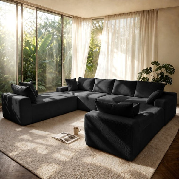 English Elm 124.4 Inch U-Shaped Cloud Sectional Corduroy Deep Seat Modular Sofa for Living Room Black W3975S00169