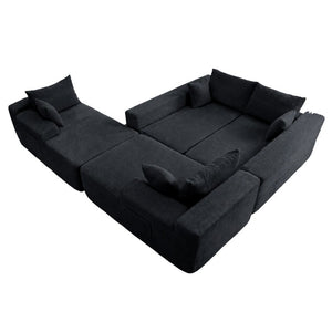 English Elm 124.4 Inch U-Shaped Cloud Sectional Corduroy Deep Seat Modular Sofa for Living Room Black W3975S00169