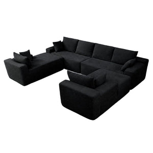 English Elm 124.4 Inch U-Shaped Cloud Sectional Corduroy Deep Seat Modular Sofa for Living Room Black W3975S00169
