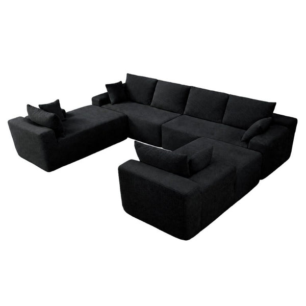 English Elm 124.4 Inch U-Shaped Cloud Sectional Corduroy Deep Seat Modular Sofa for Living Room Black W3975S00169