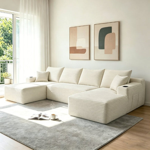 English Elm 126 Inch U-Shape Modular Sectional Plush Cloud Sofa with Deep Seating for Living Room Beige - A W3975S00171
