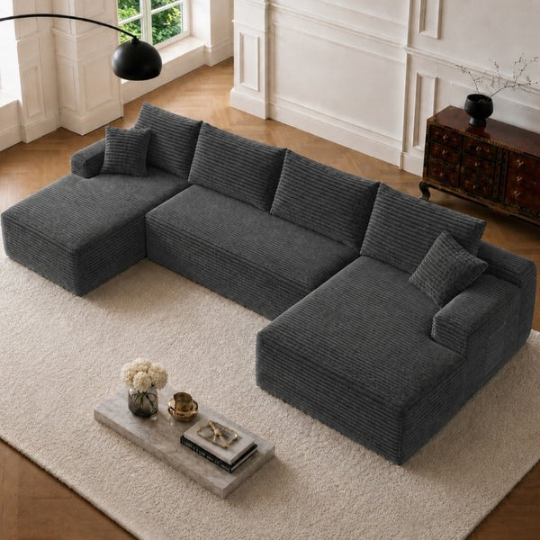 English Elm 134 Inch U-Shape Cloud Sectional Sofa Plush Corduroy Deep Seating Modular Couch W3975S00173