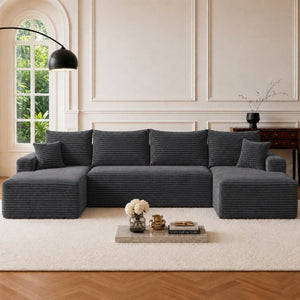 English Elm 134 Inch U-Shape Cloud Sectional Sofa Plush Corduroy Deep Seating Modular Couch W3975S00173