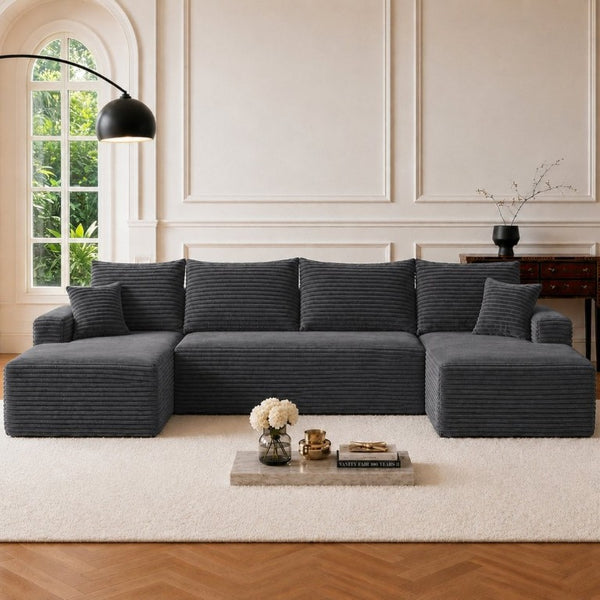English Elm 134 Inch U-Shape Cloud Sectional Sofa Plush Corduroy Deep Seating Modular Couch W3975S00173