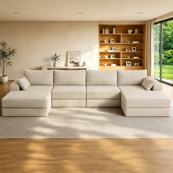 English Elm Upholstered Modular Floor Sectional in Corduroy with Deep Foam Seating for Lounge Rooms W3975S00183