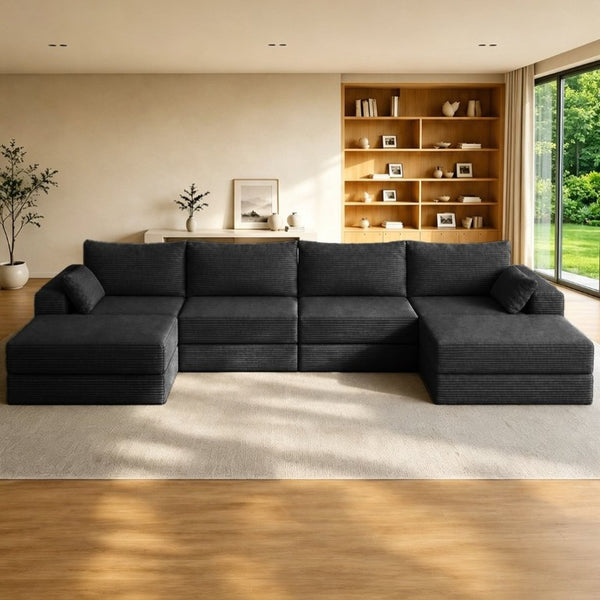 English Elm Upholstered U-Shaped Modular Sectional in Corduroy for Open Living Spaces Black W3975S00184