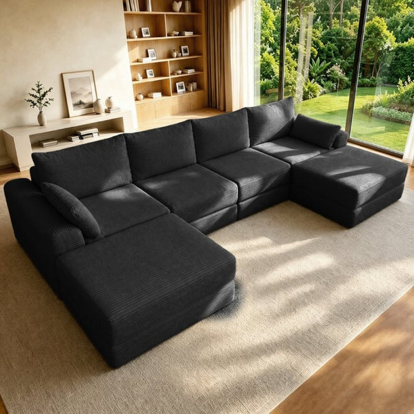 English Elm Upholstered U-Shaped Modular Sectional in Corduroy for Open Living Spaces Black W3975S00184