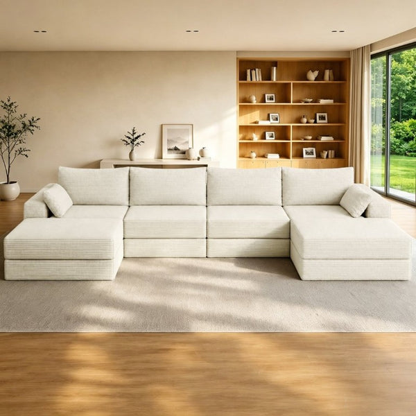 English Elm Upholstered U-Shaped Modular Sectional in Corduroy for Open Living Spaces White W3975S00186
