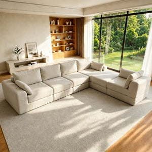 English Elm L Shaped Modular Floor Sectional Corduroy Sofa with Deep Seating and Four Pillows Camel W3975S00191